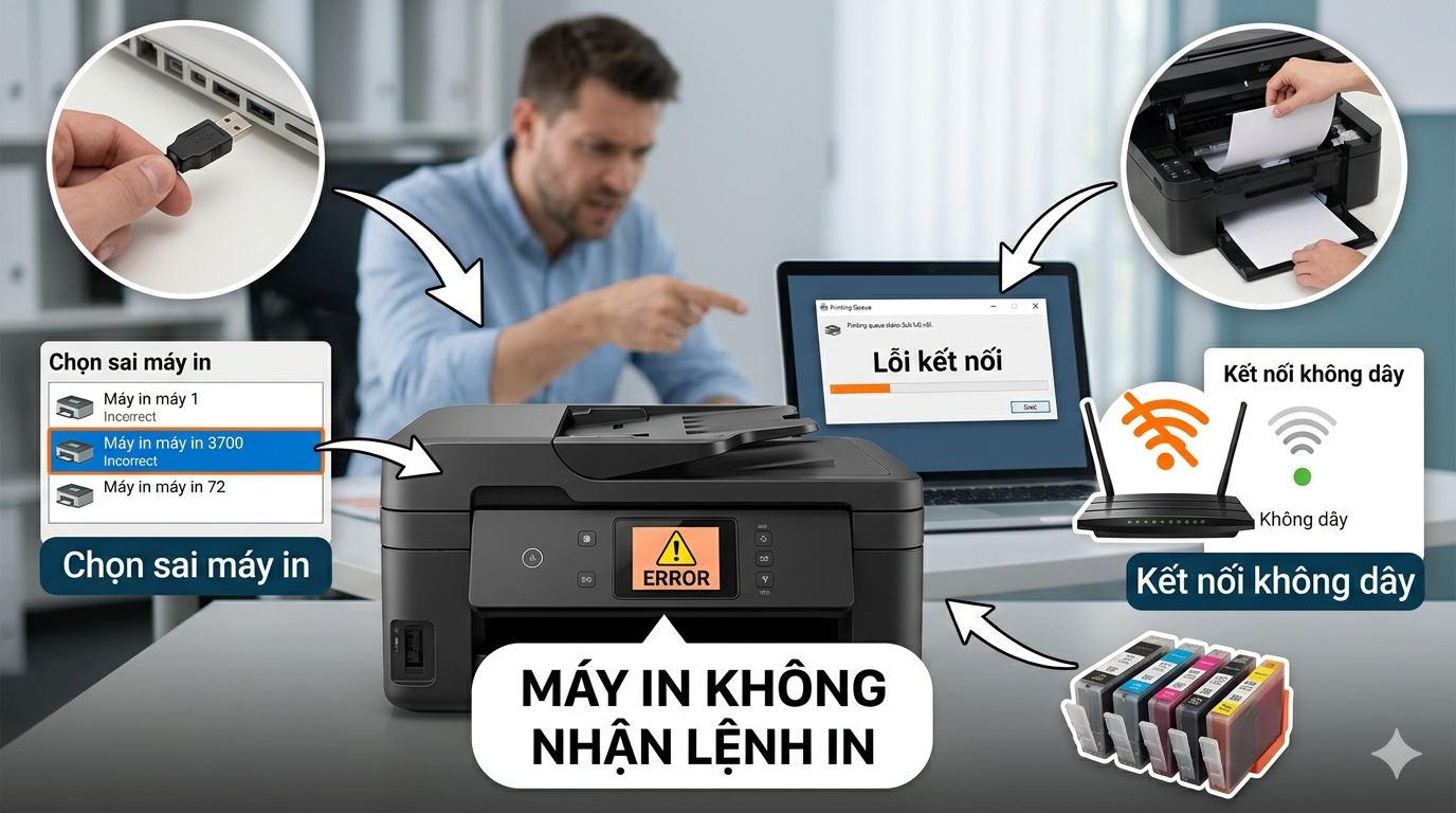 Minh họa máy in để bàn — bài máy in không nhận lệnh